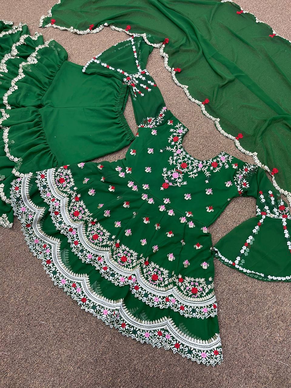 Green Sharara Suit In Heavy Faux Georgette Silk With Embroidery Work