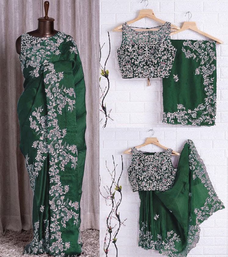 Green Saree In Kasturi Silk Georgette With Fancy Dori Work