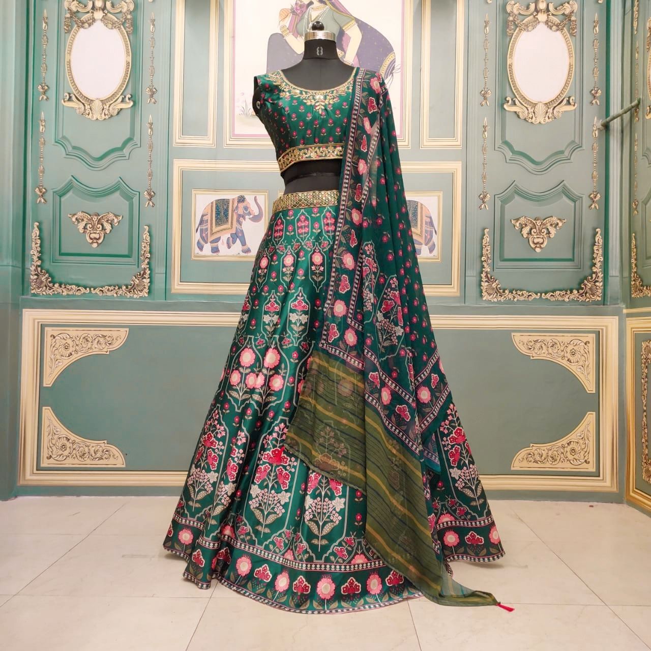 Green Lehenga Choli In Italian Satin With Digital Print