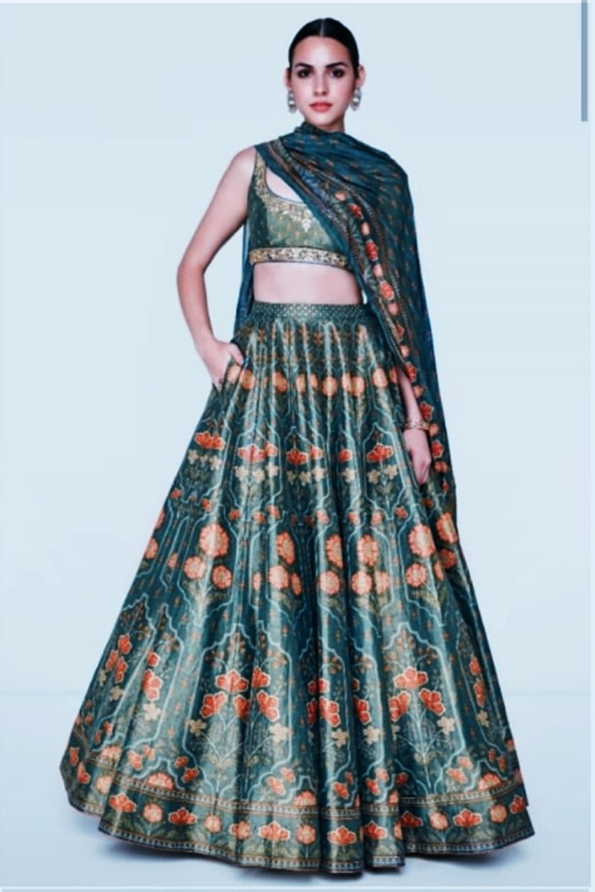 Green Lehenga Choli In Italian Satin With Digital Print