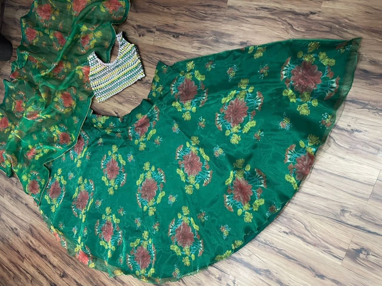 Green Lehenga Choli In Organza Silk With Digital Print