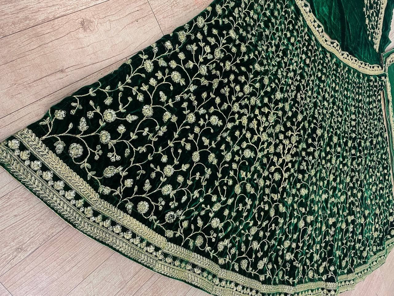 Green Lehenga Choli In Velvet With Embroidery Work