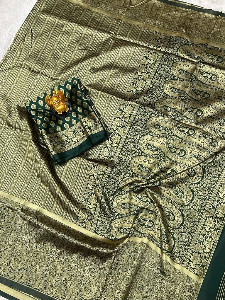 Green Lichi Silk Banarasi Saree With Blouse