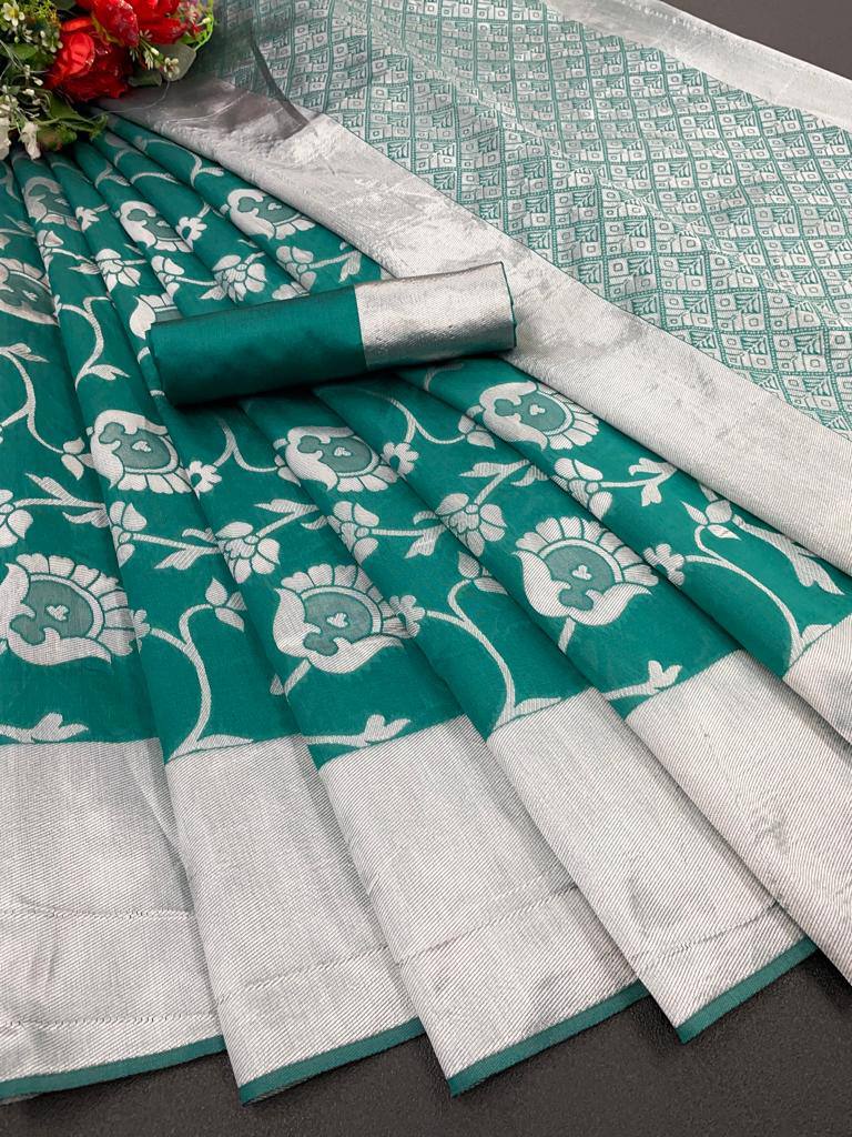 Green Lichi Silk Banarasi Saree With Blouse