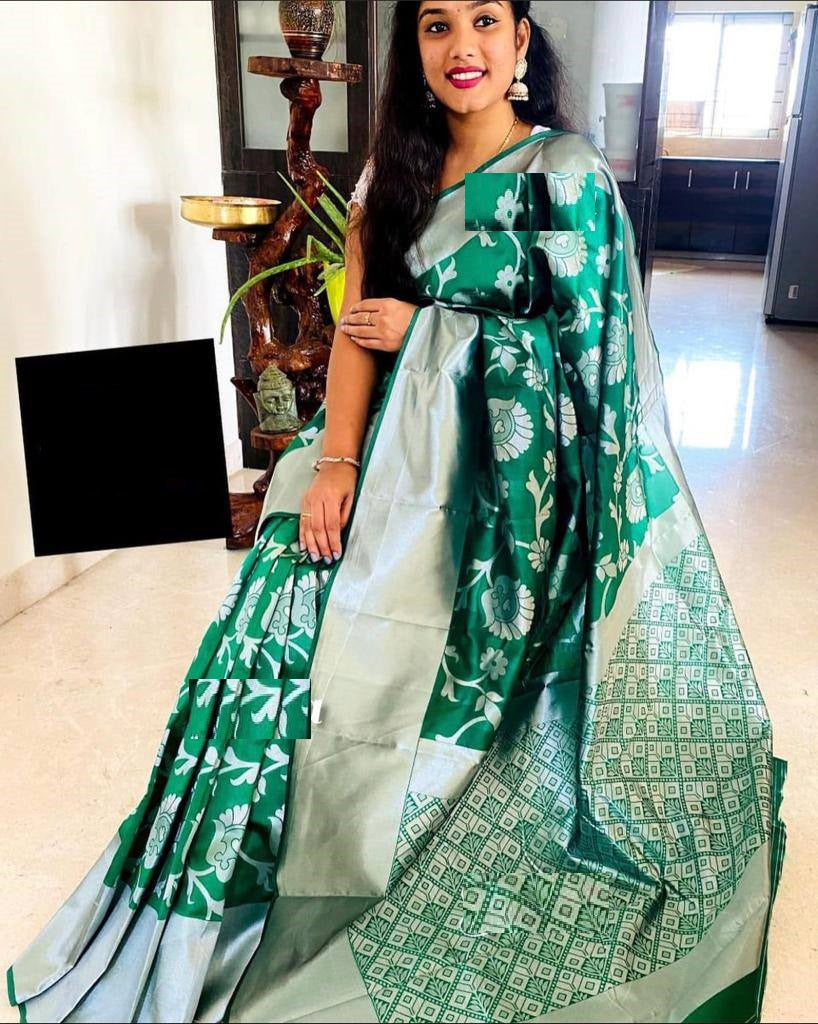 Green Lichi Silk Banarasi Saree With Blouse