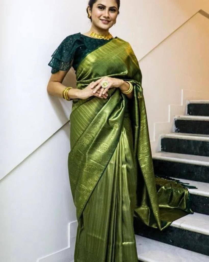 Green Lichi Silk Banarasi Saree With Blouse