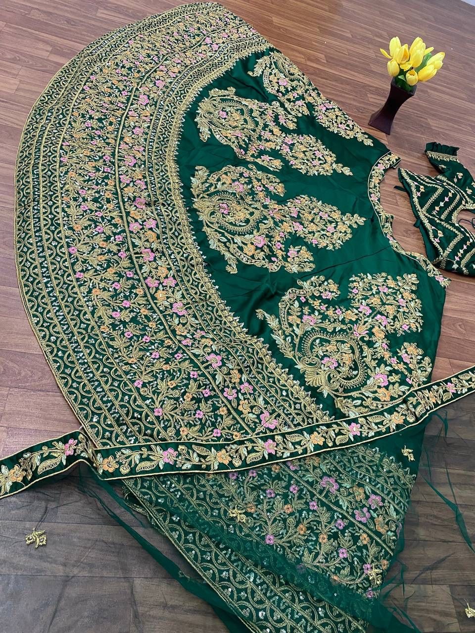 Green Lehenga Choli In Malai Satin Silk With 3 MM Sequence Work