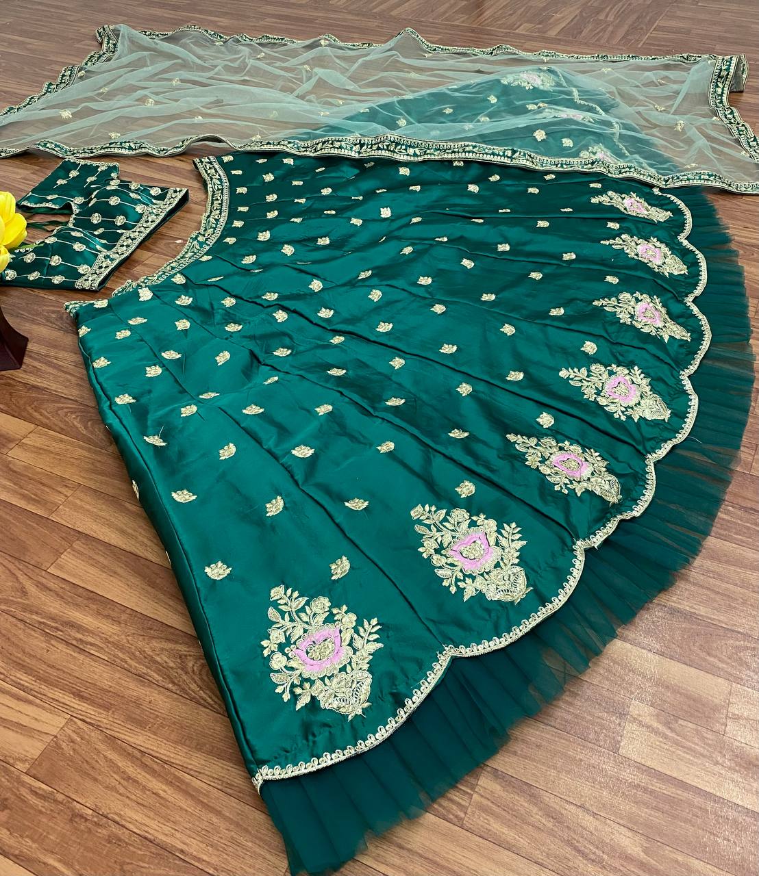 Green Lehenga Choli In Malai Satin Silk With 5 MM Sequence Work