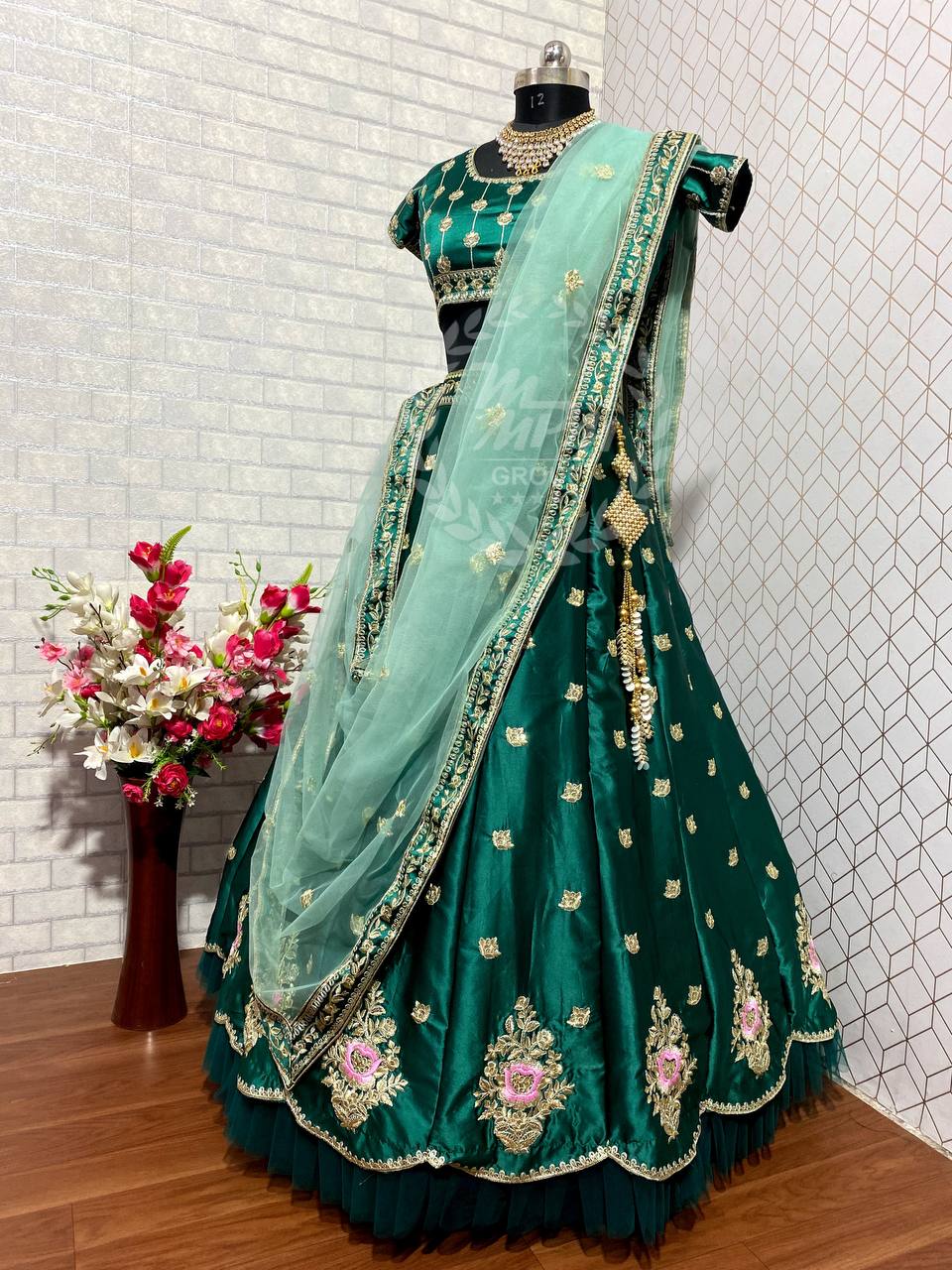 Green Lehenga Choli In Malai Satin Silk With 5 MM Sequence Work