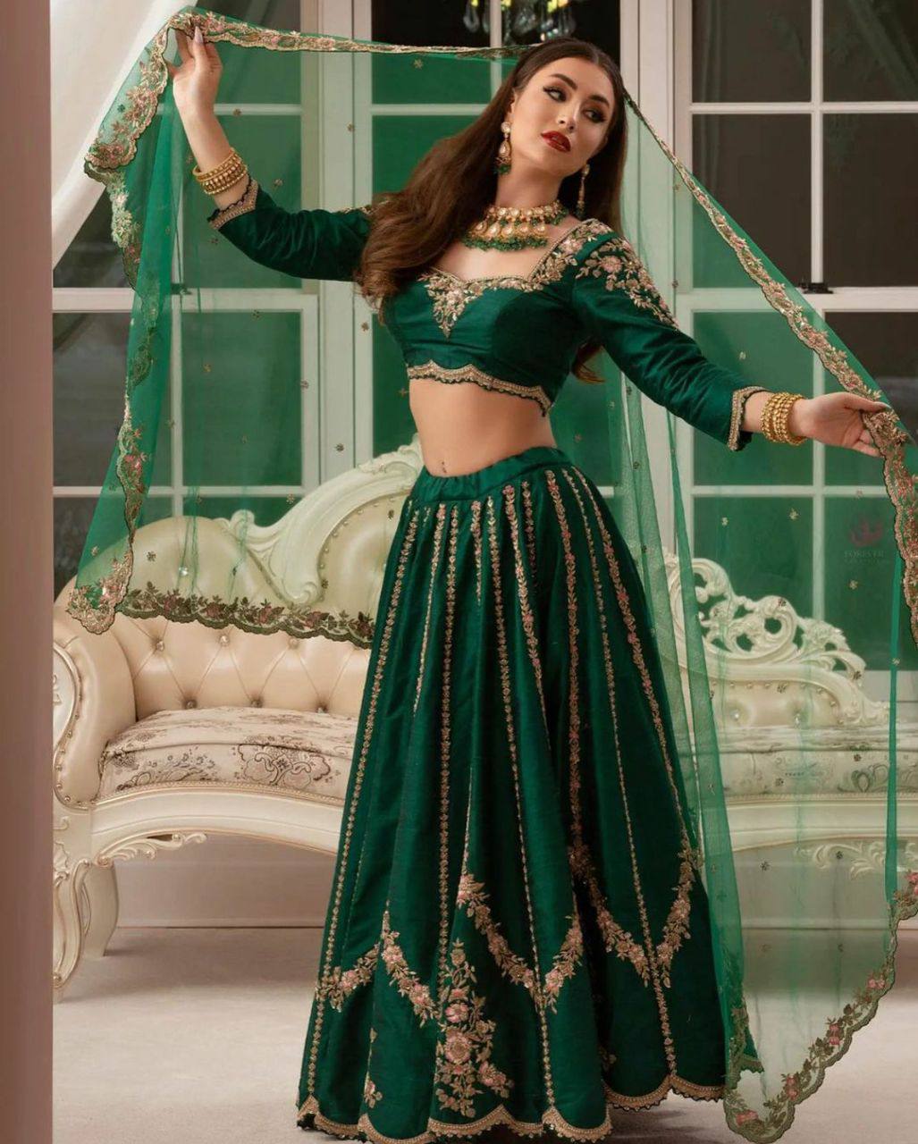 Green Lehenga Choli In Malai Satin Silk With 5 MM Sequence Work