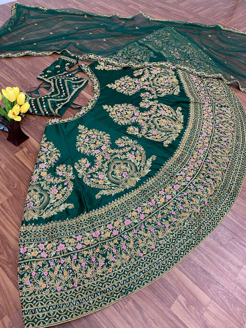 Green Lehenga Choli In Malai Satin Silk With 5 MM Sequence Work