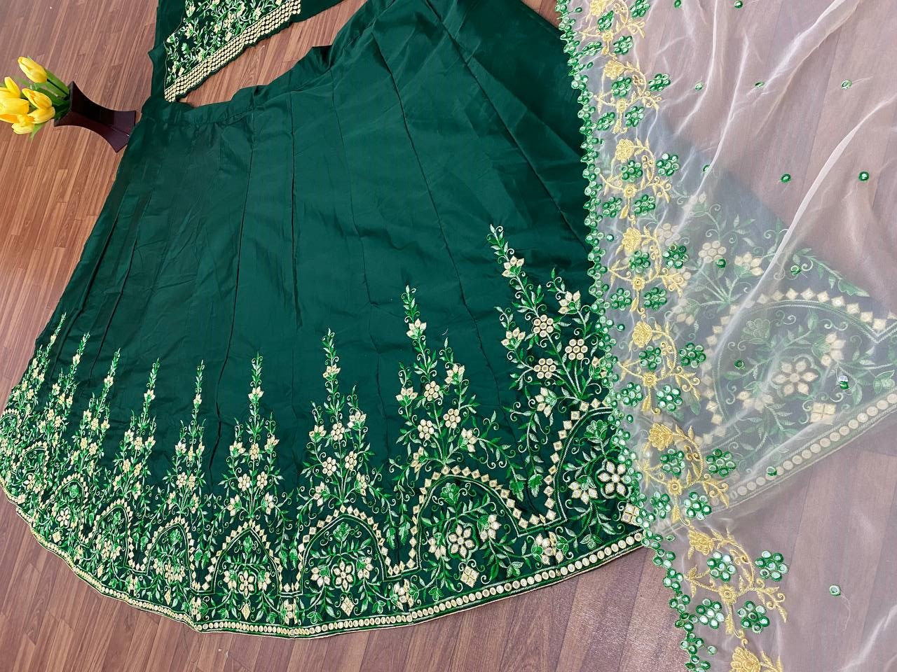 Green Lehenga Choli In Malai Satin Silk With 9 MM Sequence Work