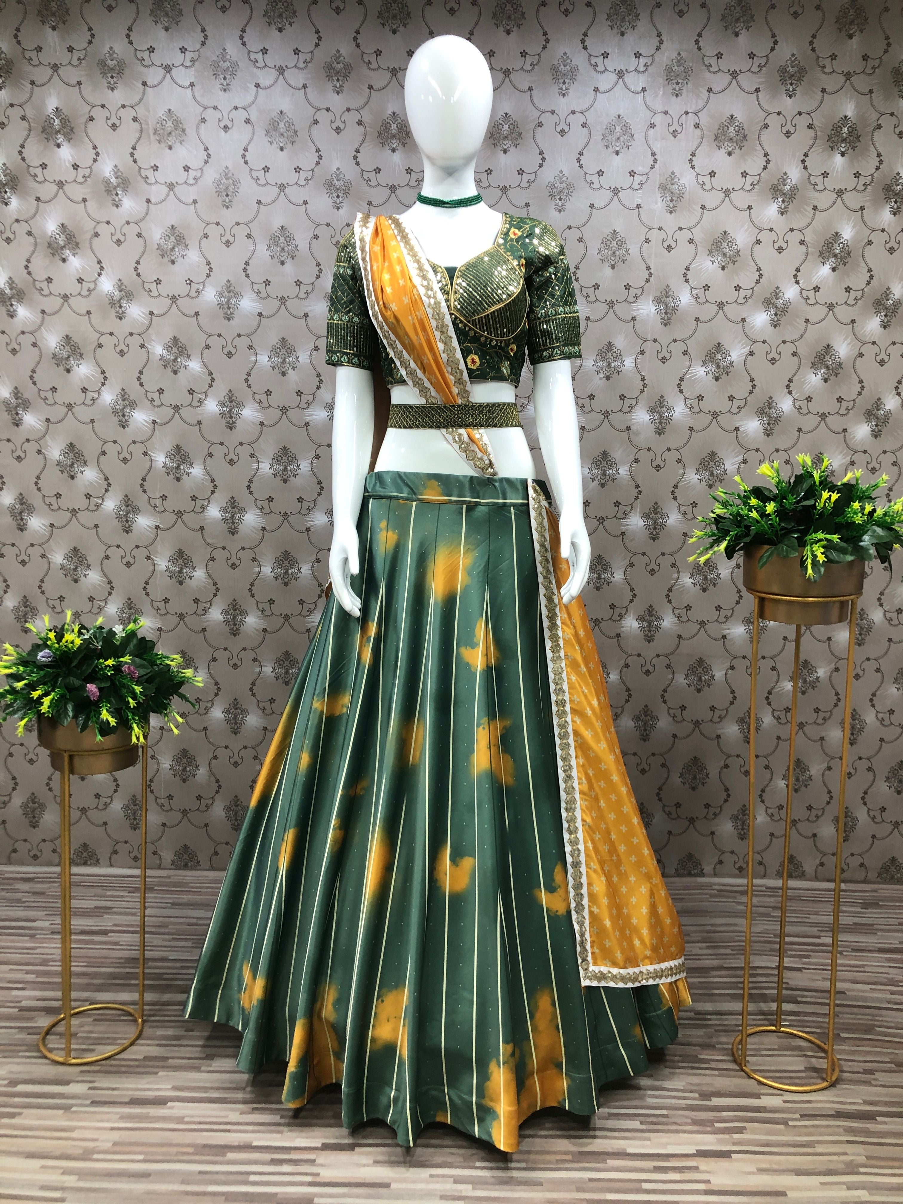 Green Lehenga Choli In Malai Silk With Digital Print