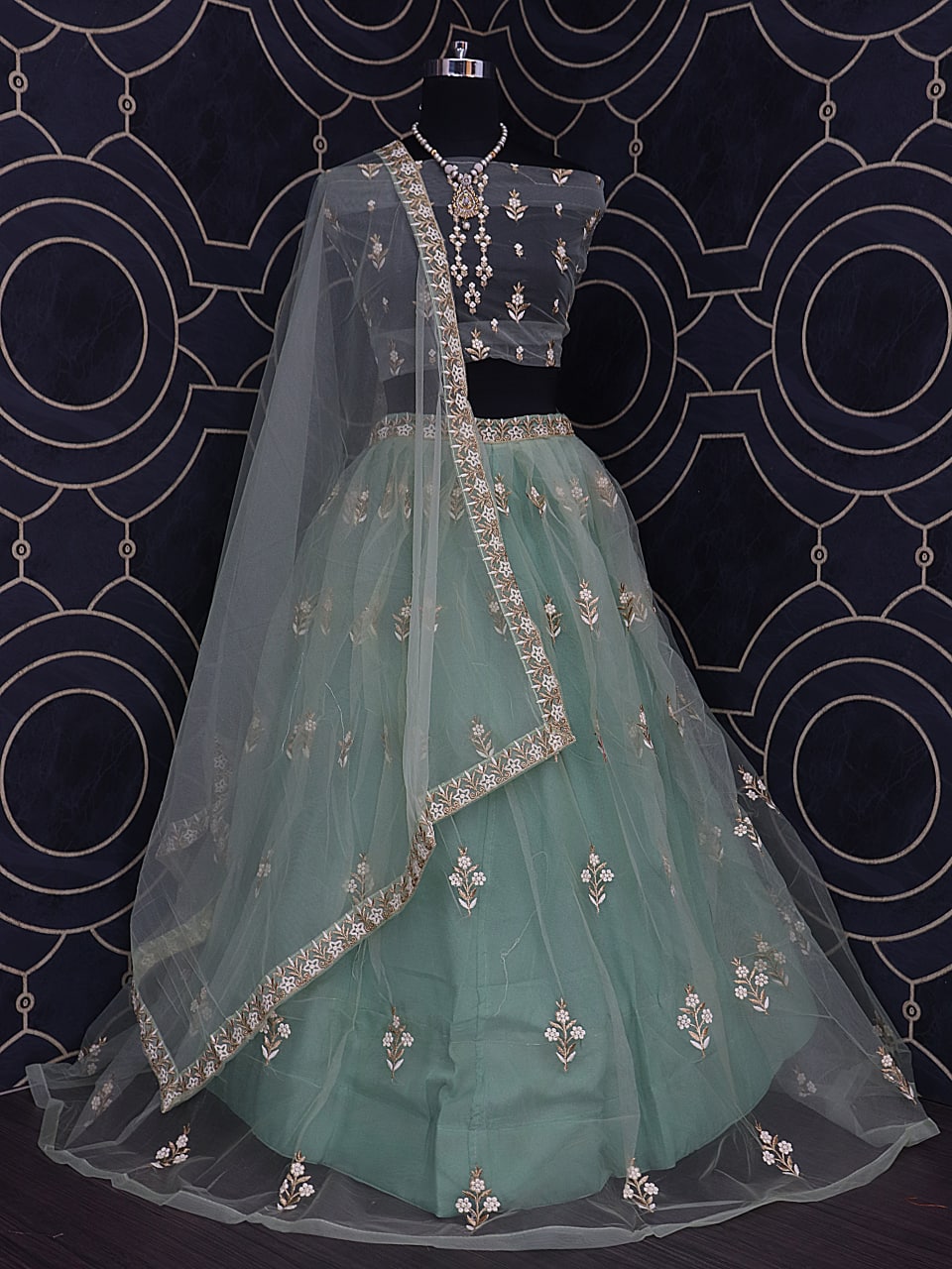 Green Lehenga Choli In Nylon Mono Net With Thread Embroidery Work