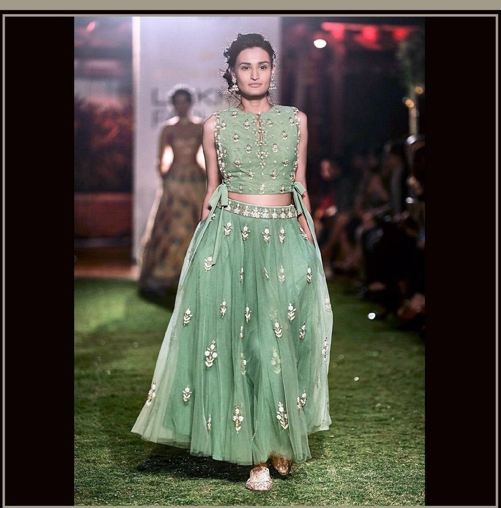 Green Lehenga Choli In Nylon Mono Net With Thread Embroidery Work