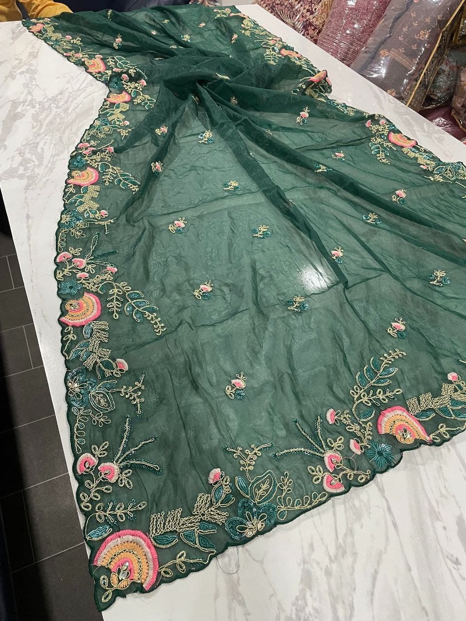 Green Saree In Organza Silk With Thread Work