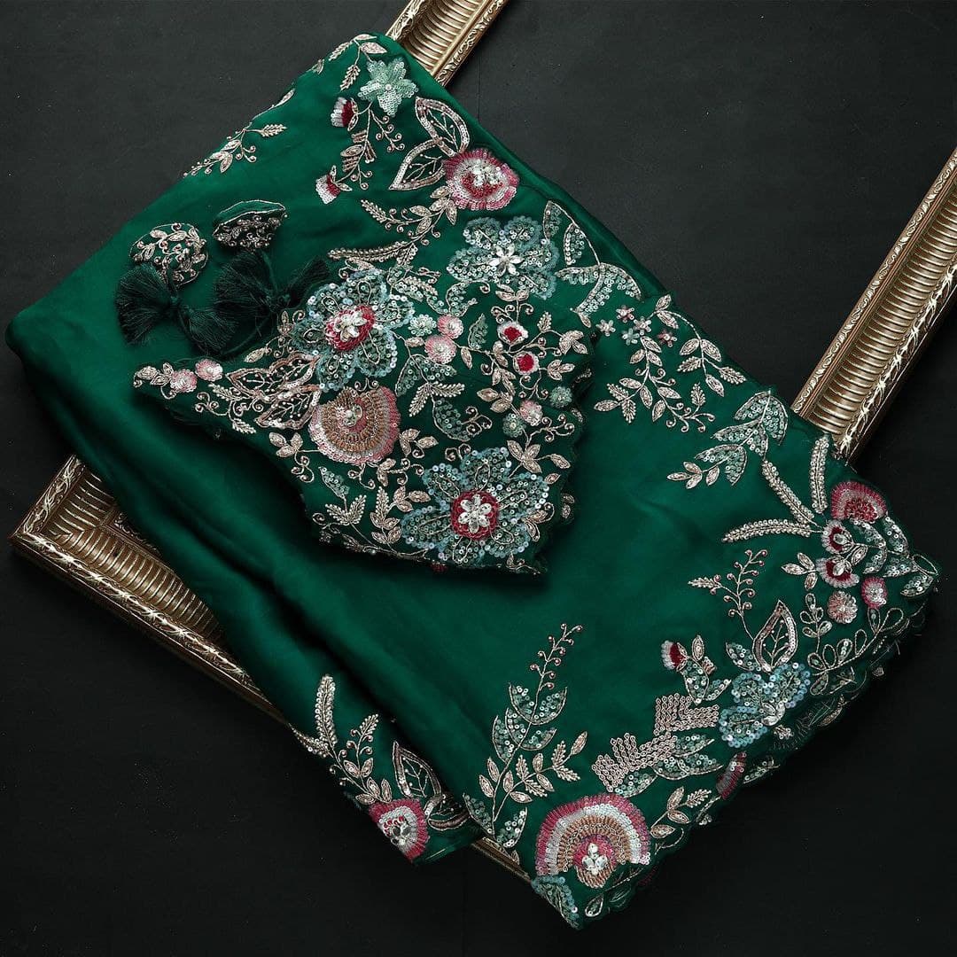 Green Saree In Organza Silk With Thread Work