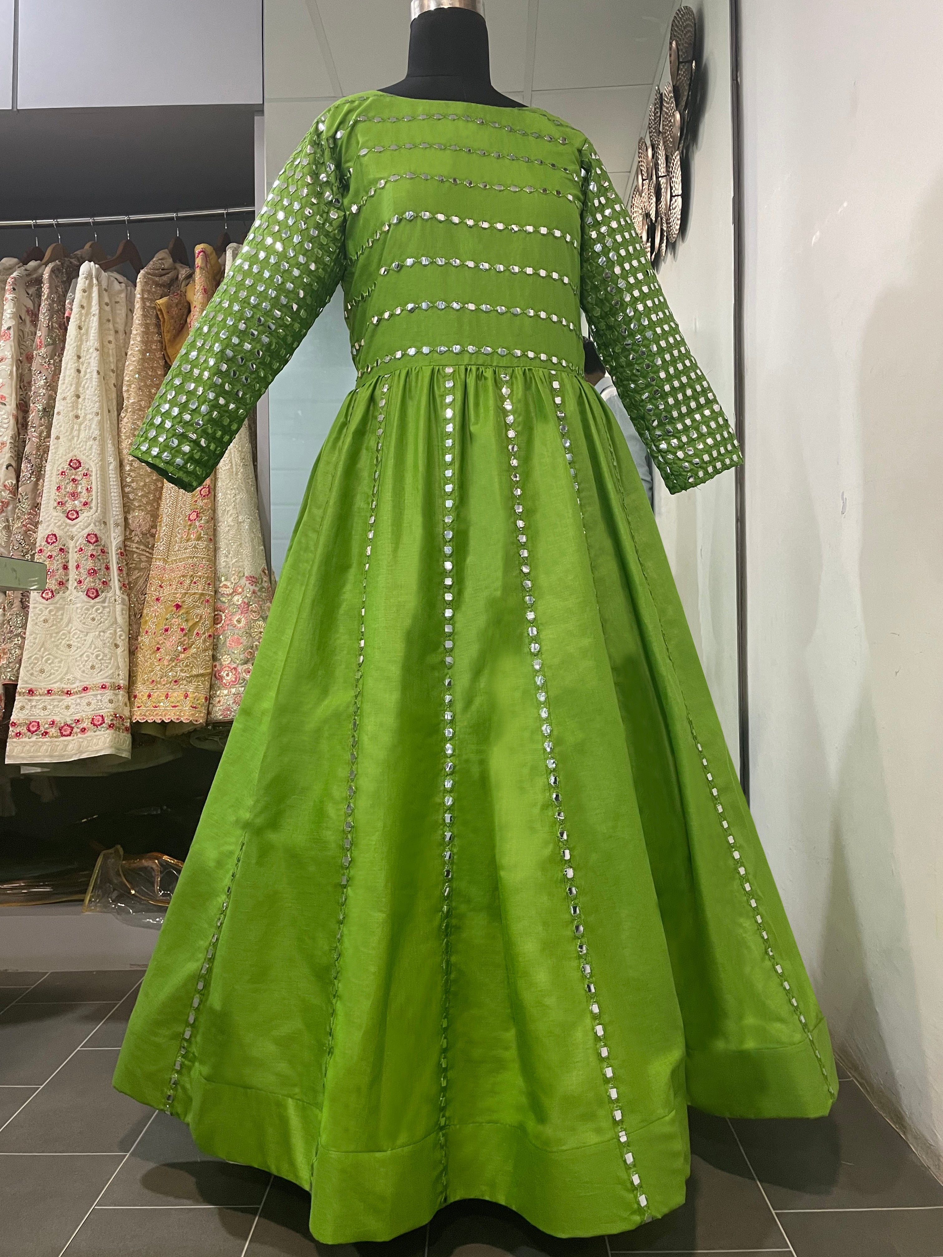 Green Pure Cotton Resham Work Gown