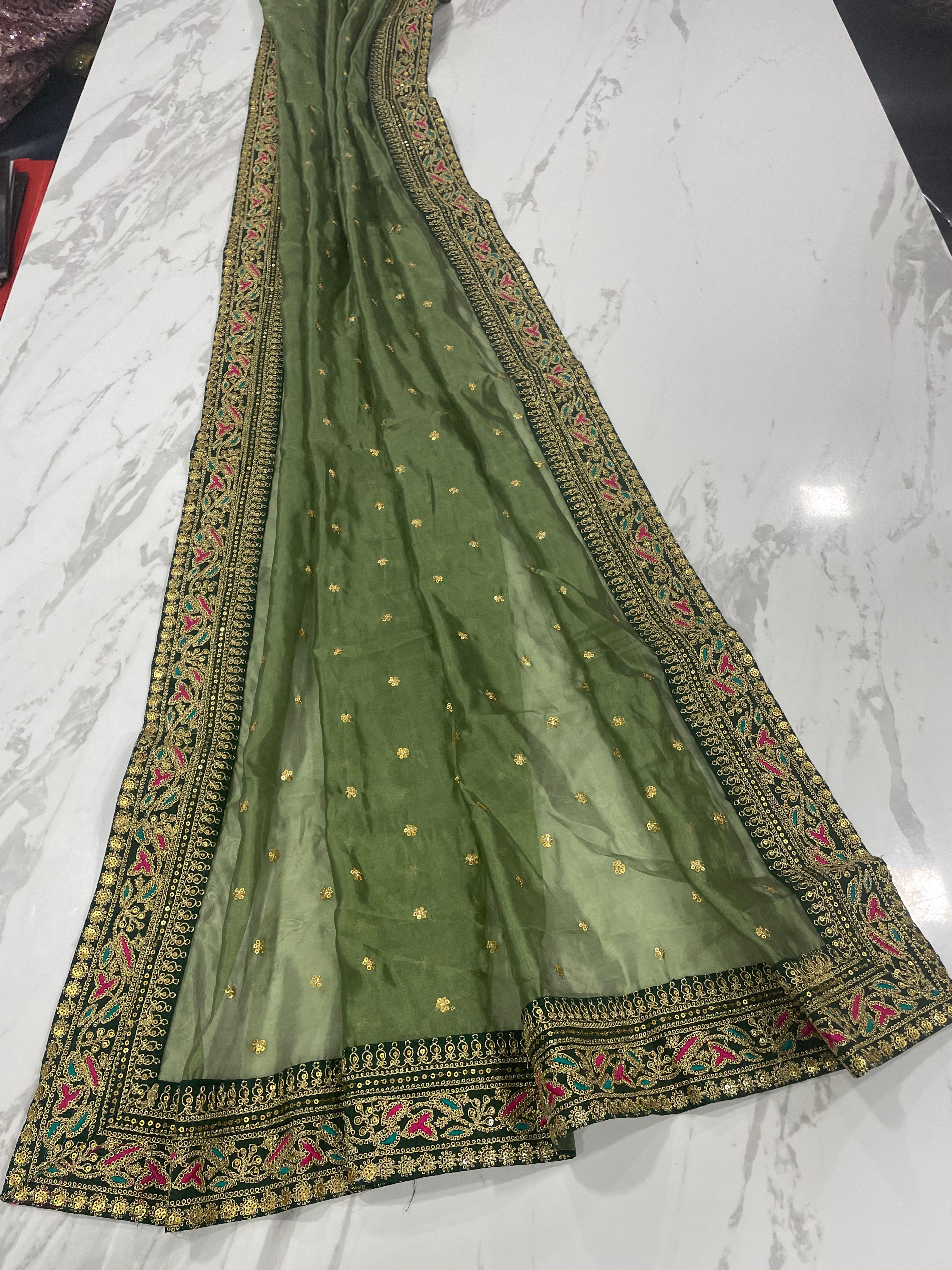 Green Saree In Organza Silk With Sequence Work