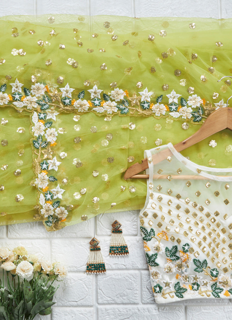 Green Saree In Soft Net With Thread Sequence Zari Work