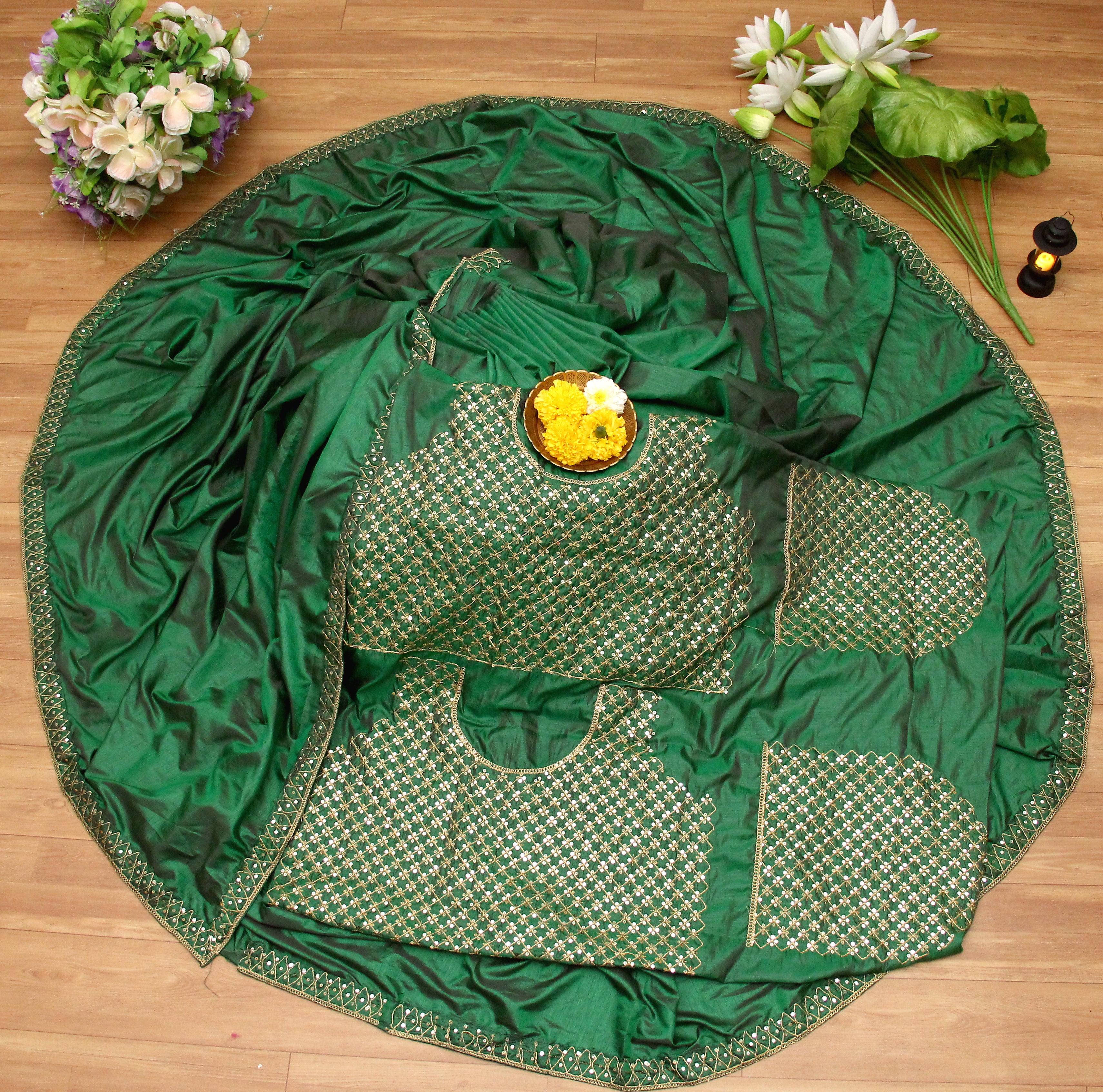 Green Saree In Two Tone Silk With Sequence Work