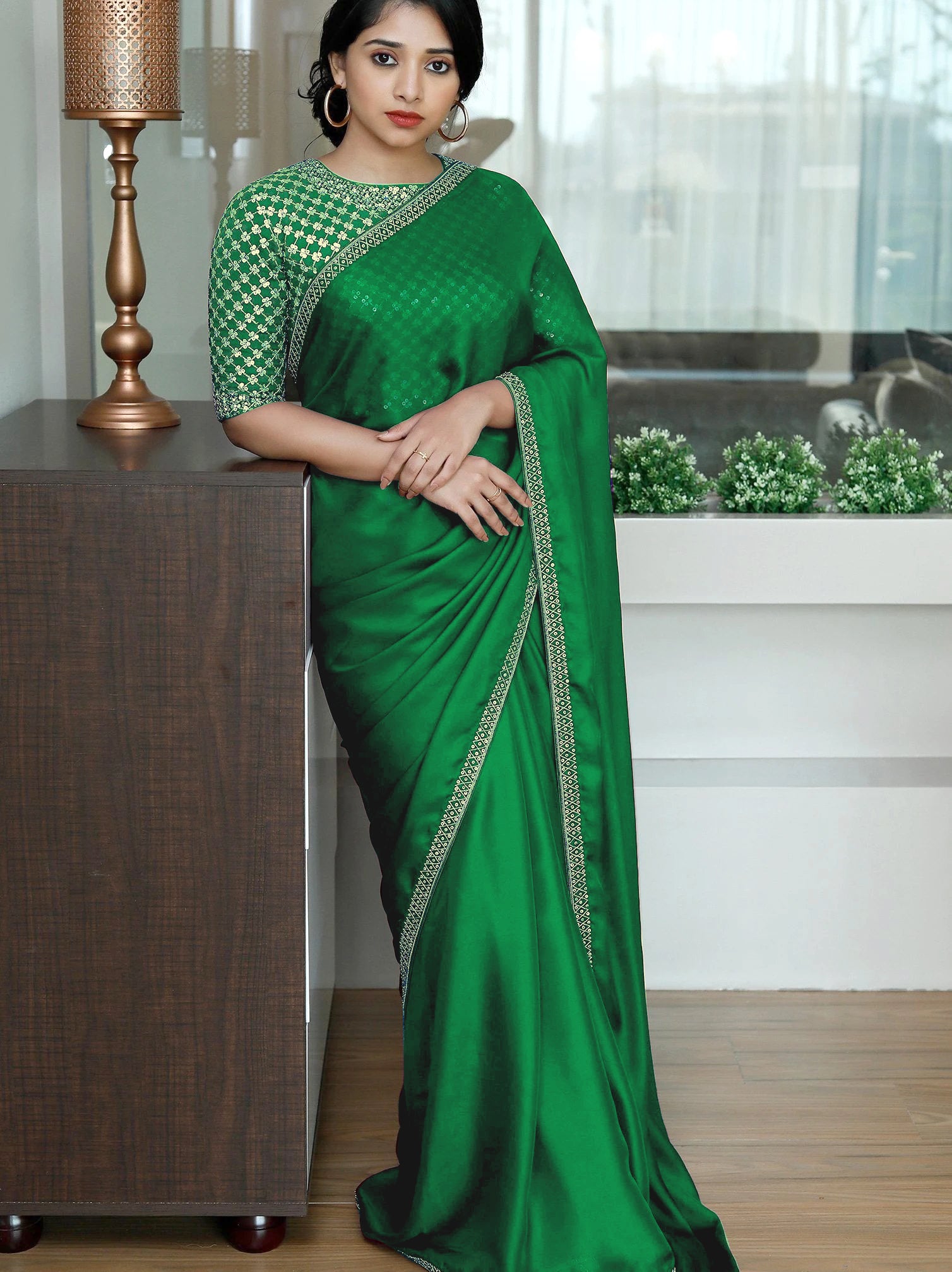 Green Saree In Two Tone Silk With Sequence Work