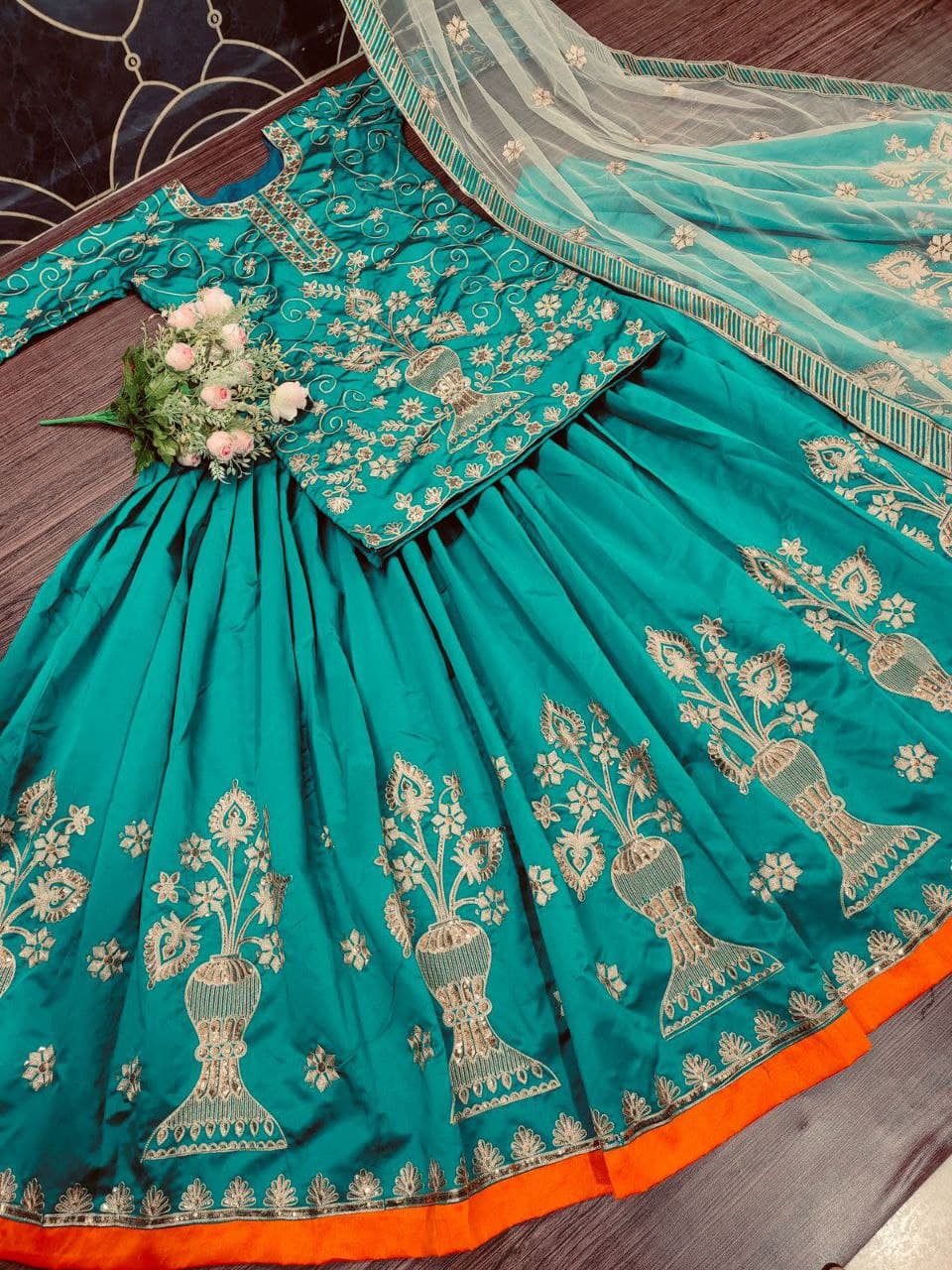 Rama Green Lehenga Choli In Taffeta Silk With Chain Sequence Work