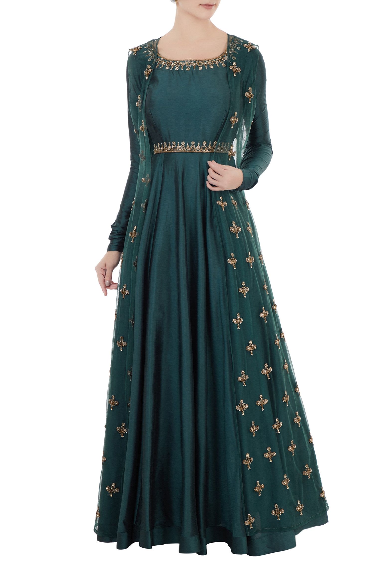 Green Gown In Two-Tone Taffeta Silk With Plain