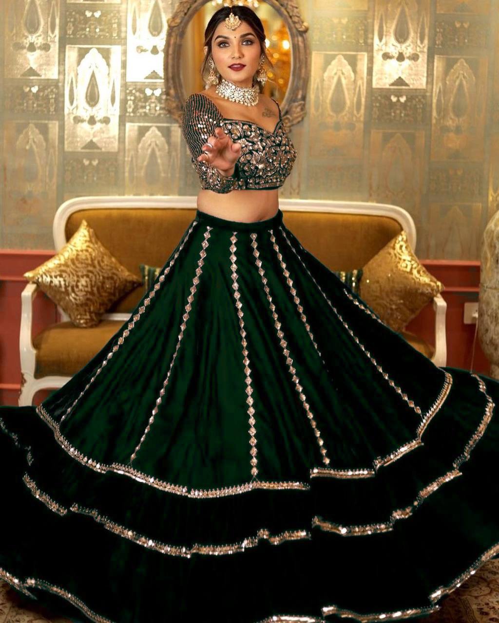 Green Lehenga Choli In Velvet With Embroidery Work