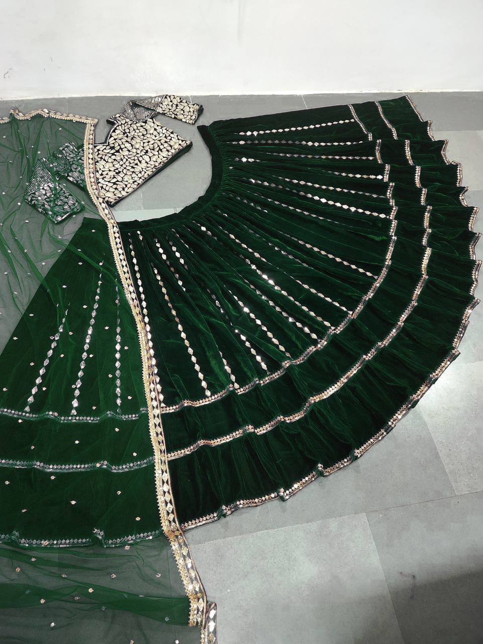 Green Lehenga Choli In Velvet With Embroidery Work