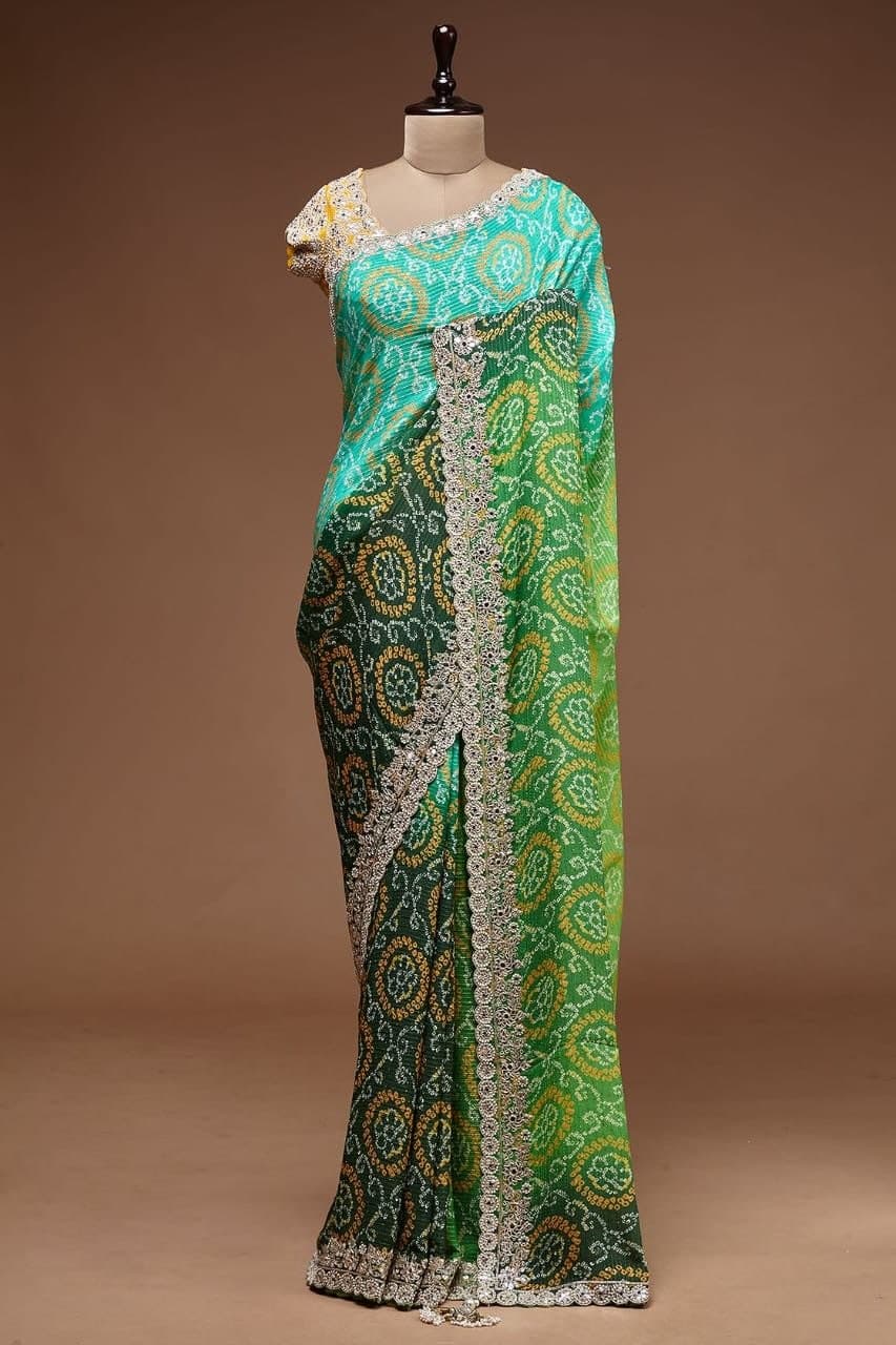 Green Saree In Vichitra Silk With Cross Check Work