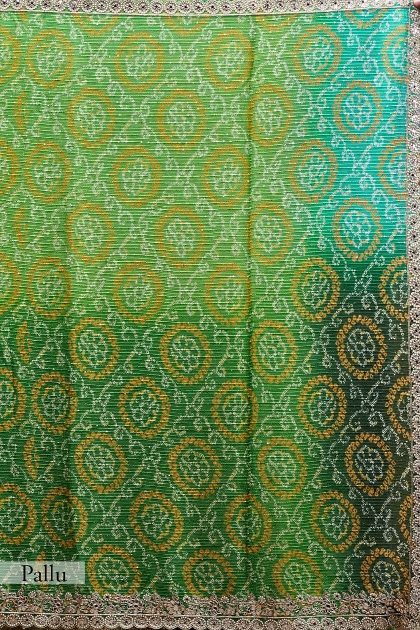 Green Saree In Vichitra Silk With Cross Check Work