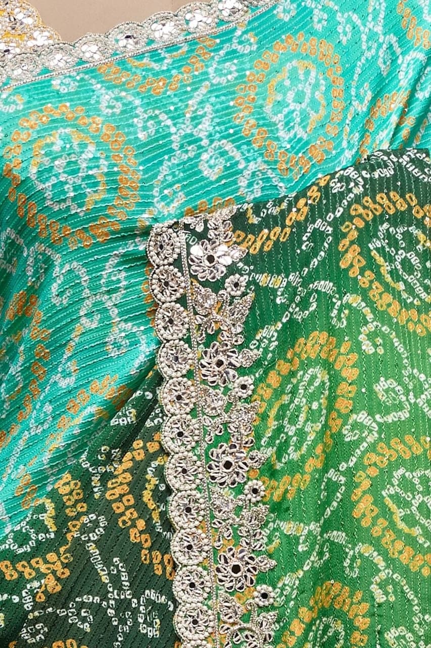 Green Saree In Vichitra Silk With Cross Check Work