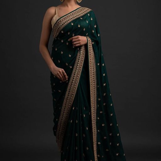 Green Saree In Vichitra Silk With Dori Work