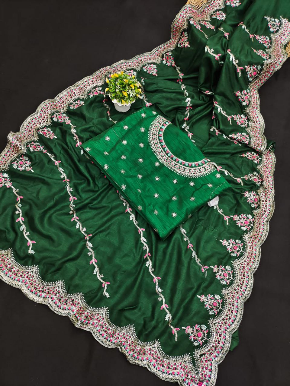 Green Saree In Vichitra Silk With Embroidery Work