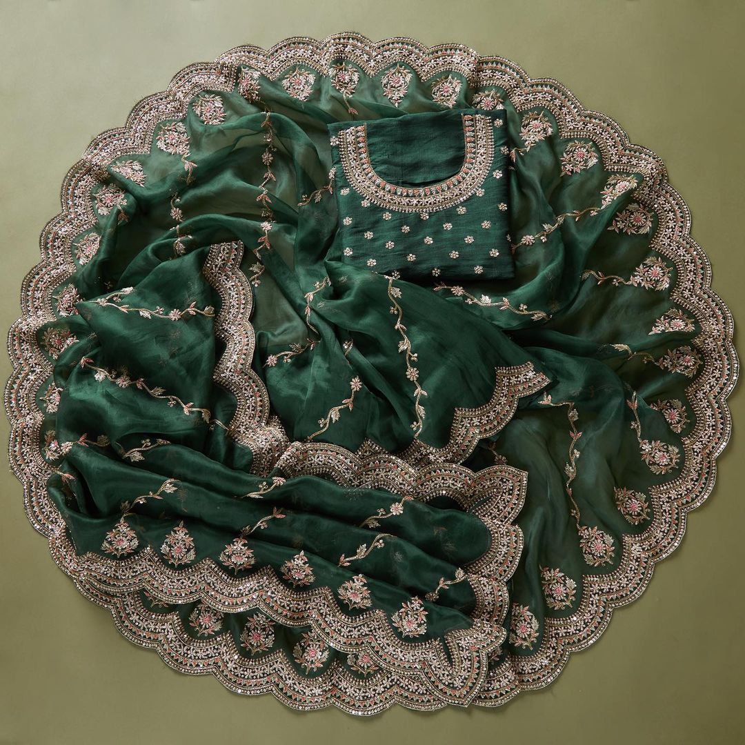 Green Saree In Vichitra Silk With Embroidery Work