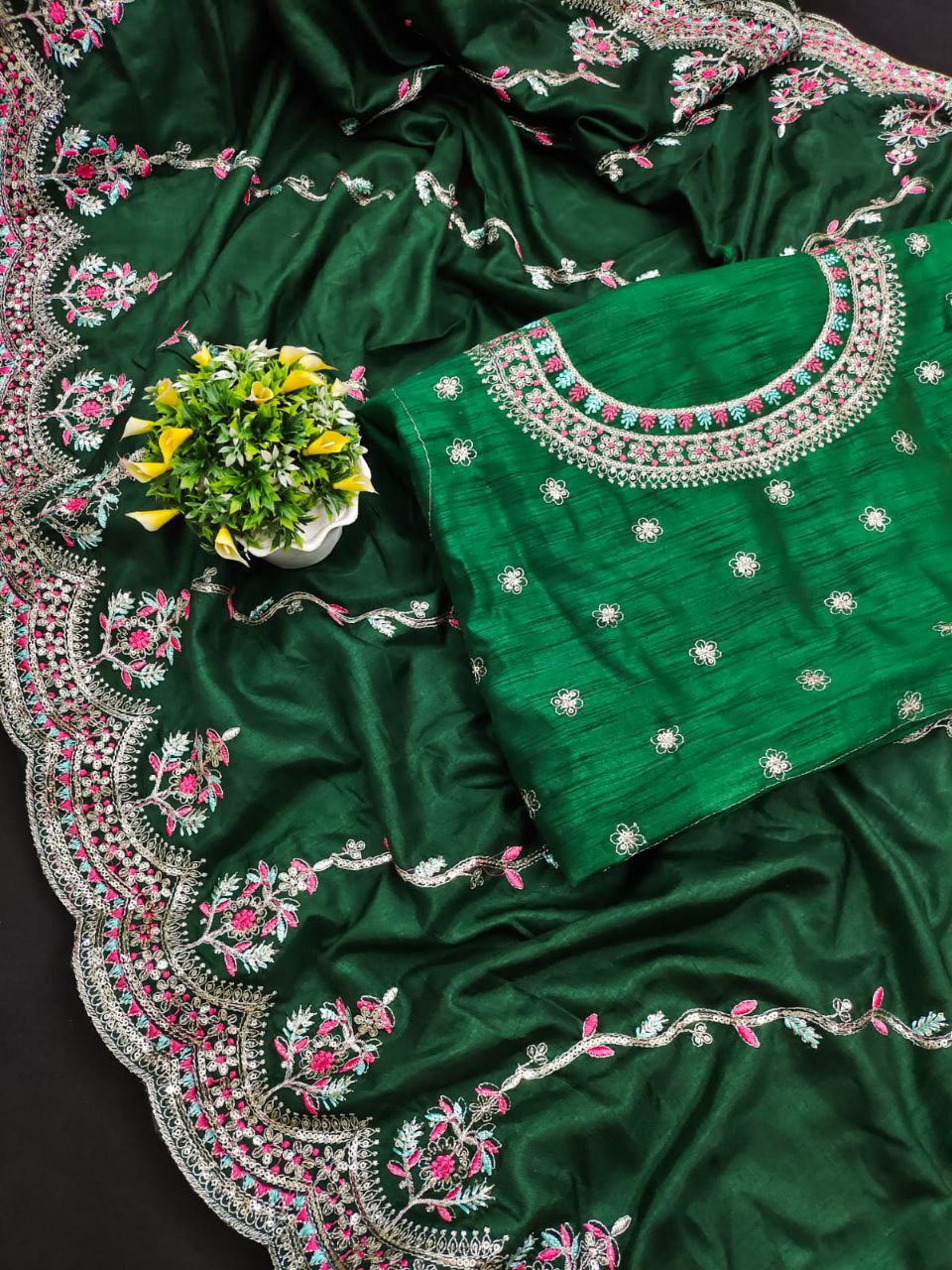 Green Saree In Vichitra Silk With Embroidery Work