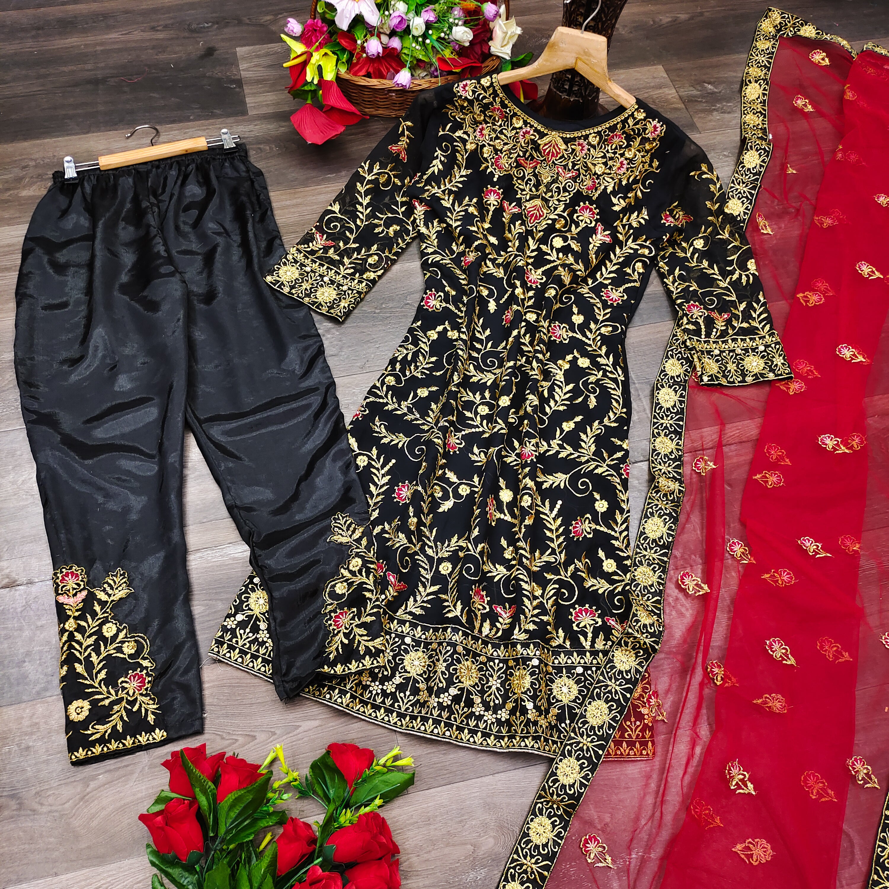 Black Palazzo Suit In Faux Georgette With Fancy Thread Resham Work