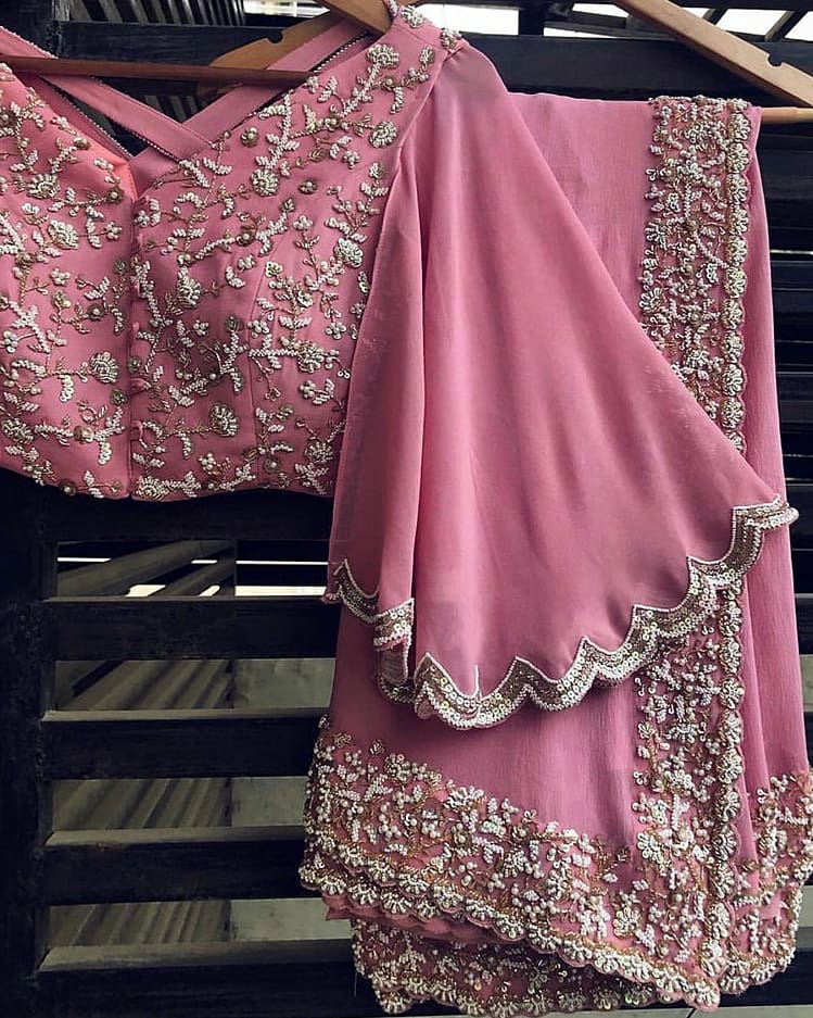 Pink Saree In Georgette Silk With Resham Work