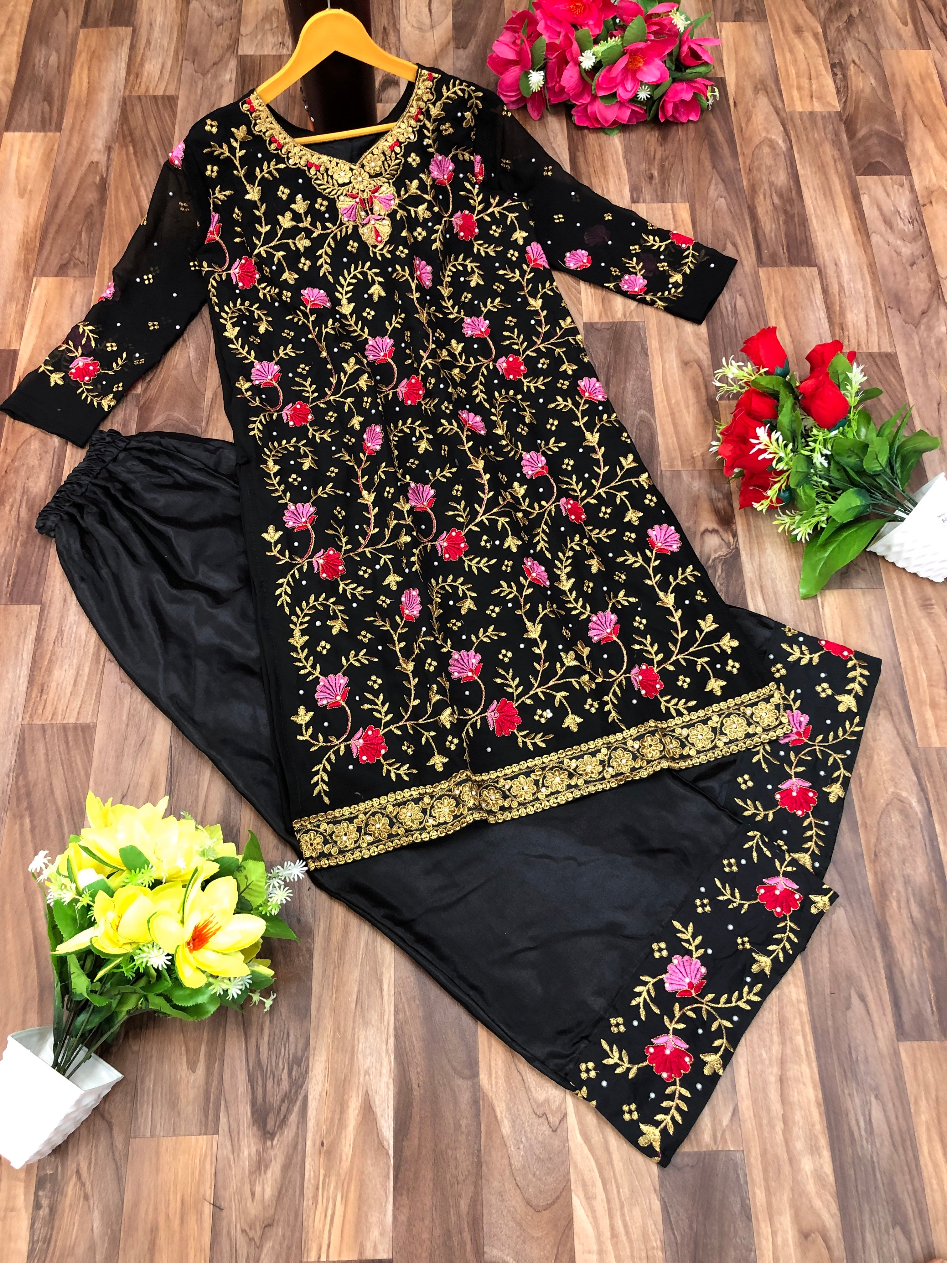 Black Sharara Suit In 60 GM Georgette With FancyThread Work