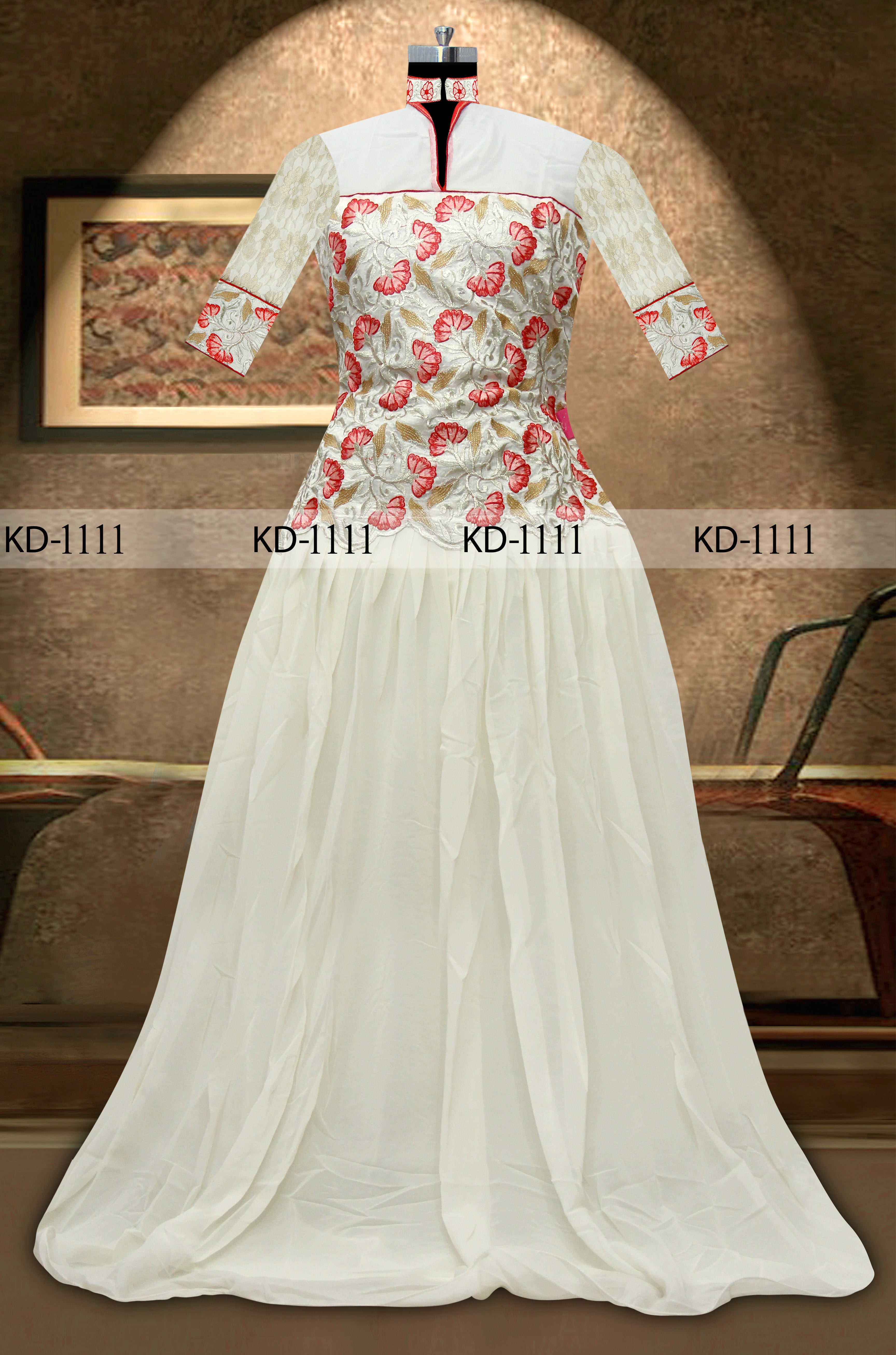 Cream Gown In Georgette Bember With Fancy Thread Work