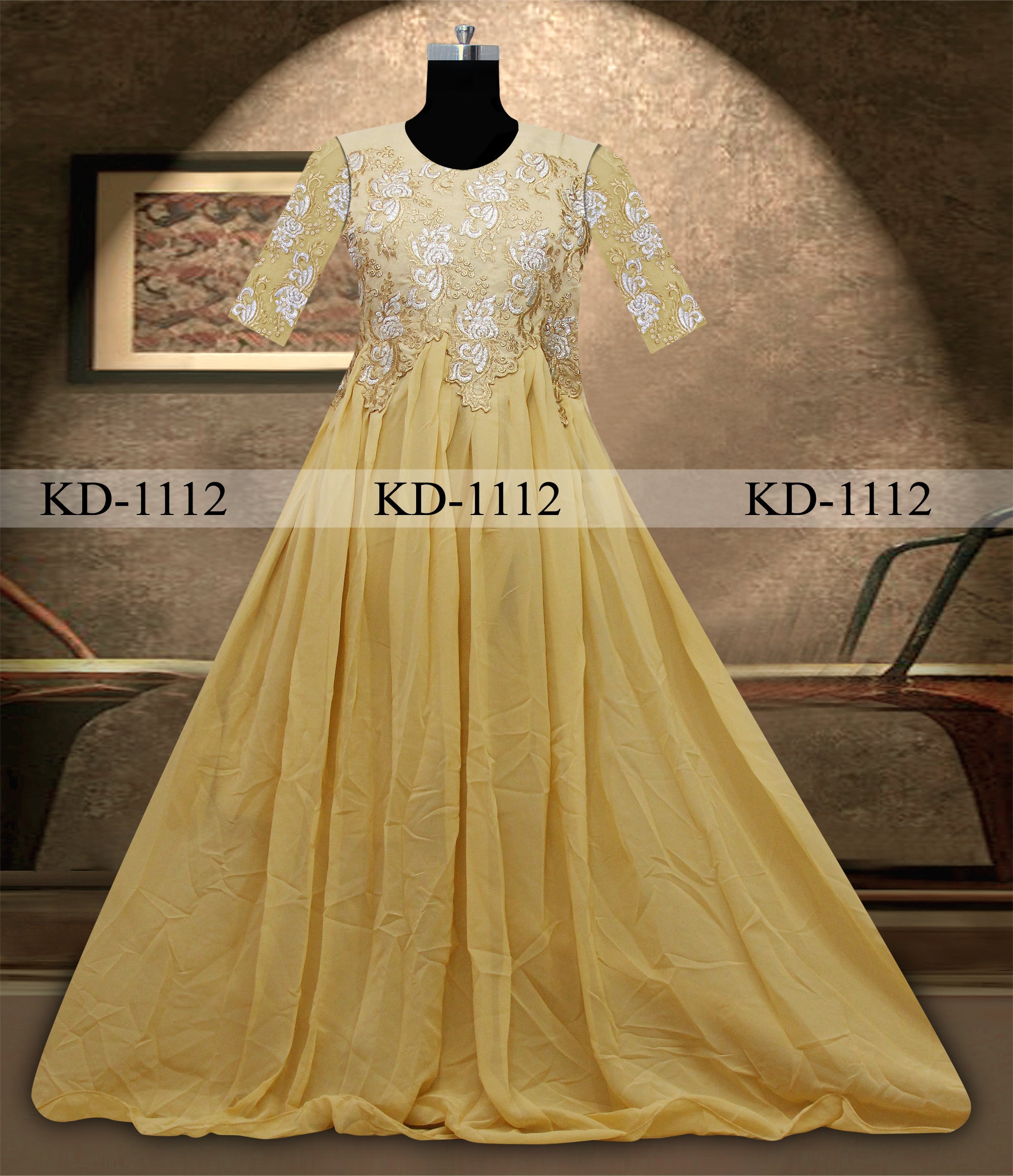 Yellow Gown In Georgette Bember With Fancy Thread Work