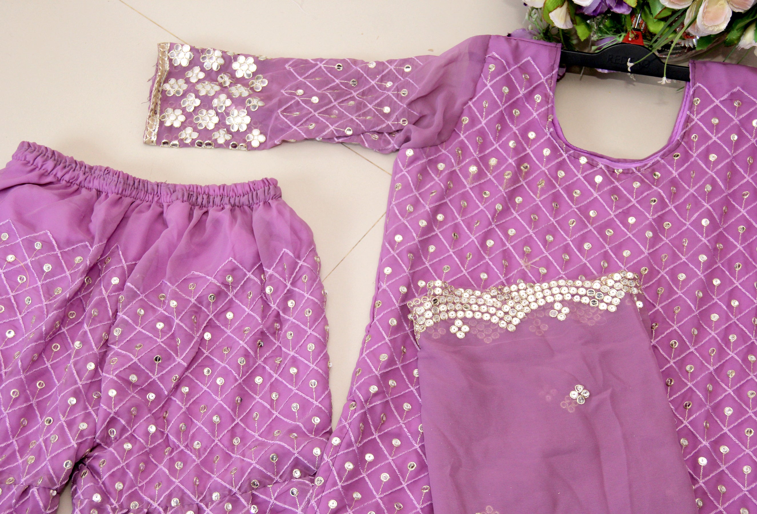 Purple Sharara Suit In 60 GM Georgette Silk With Fancy Thread Work