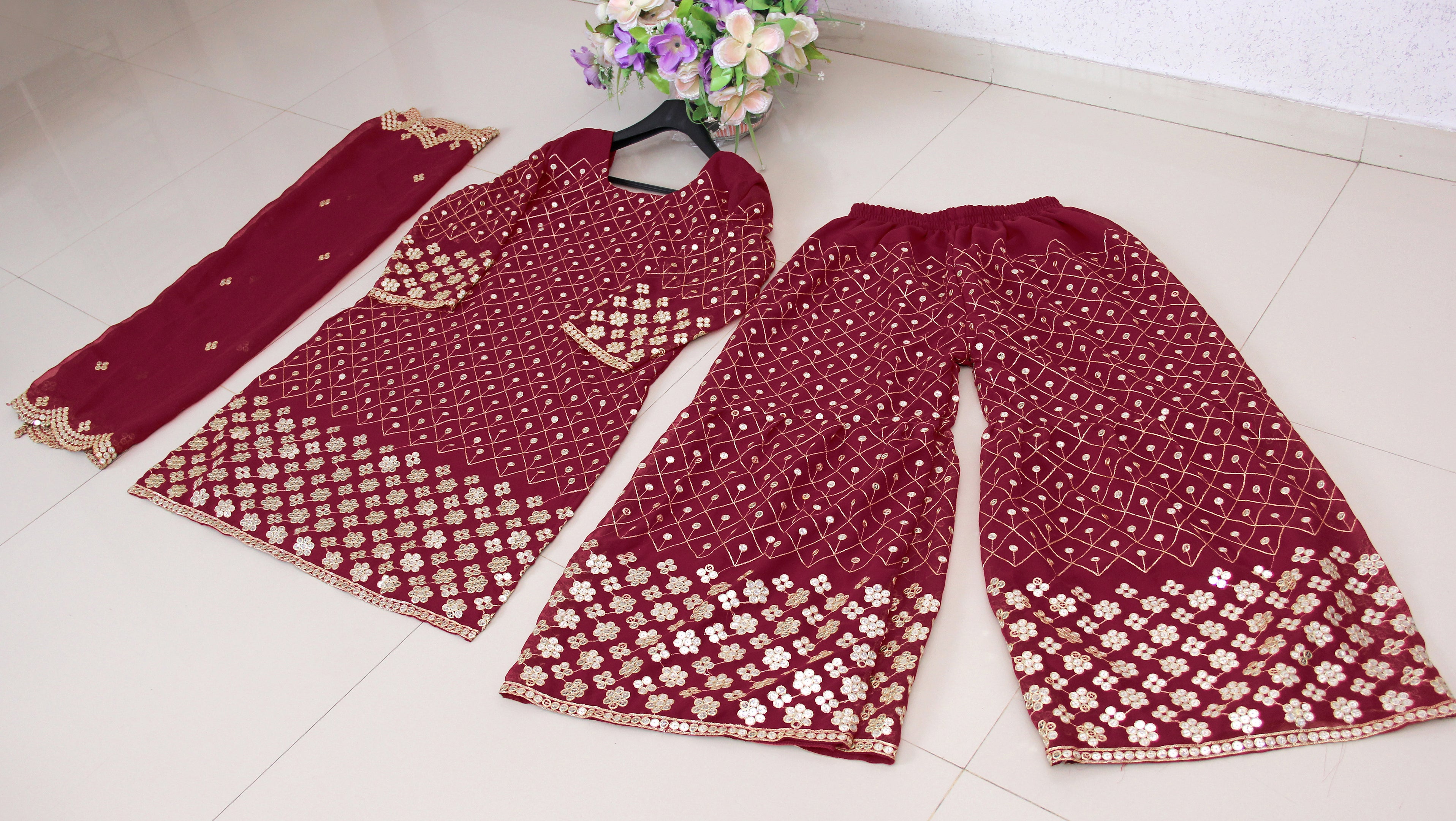 Maroon Sharara Suit In 60 GM Georgette Silk With Fancy Thread Work