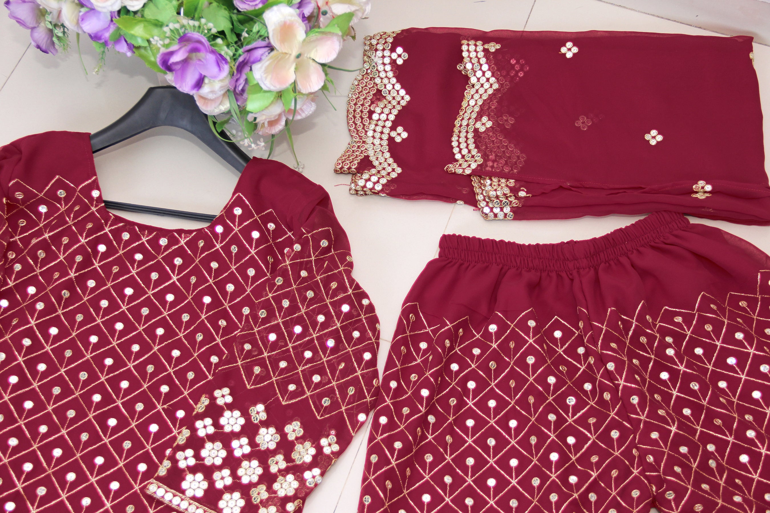 Maroon Sharara Suit In 60 GM Georgette Silk With Fancy Thread Work