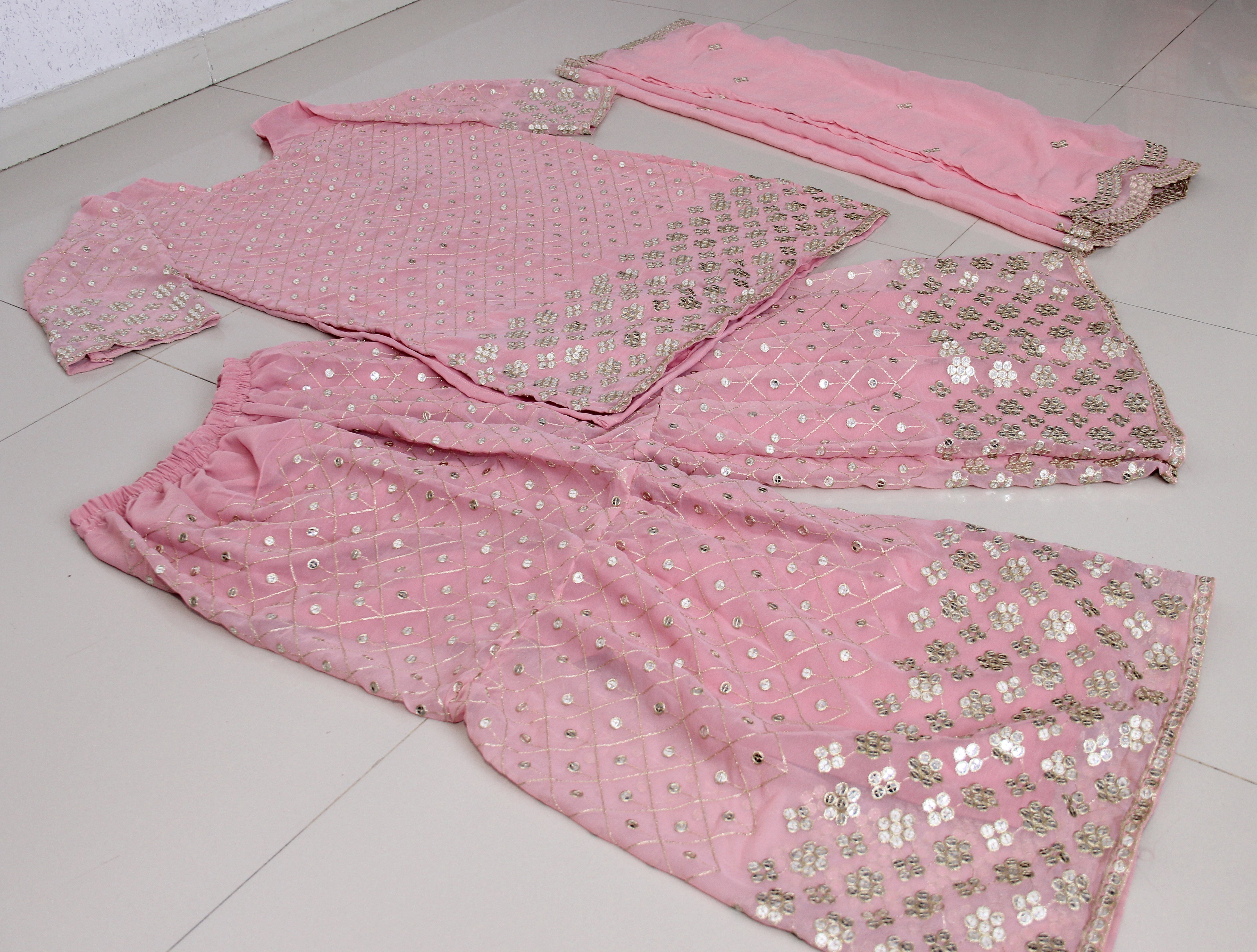 Pink Sharara Suit In 60 GM Georgette Silk With Fancy Thread Work
