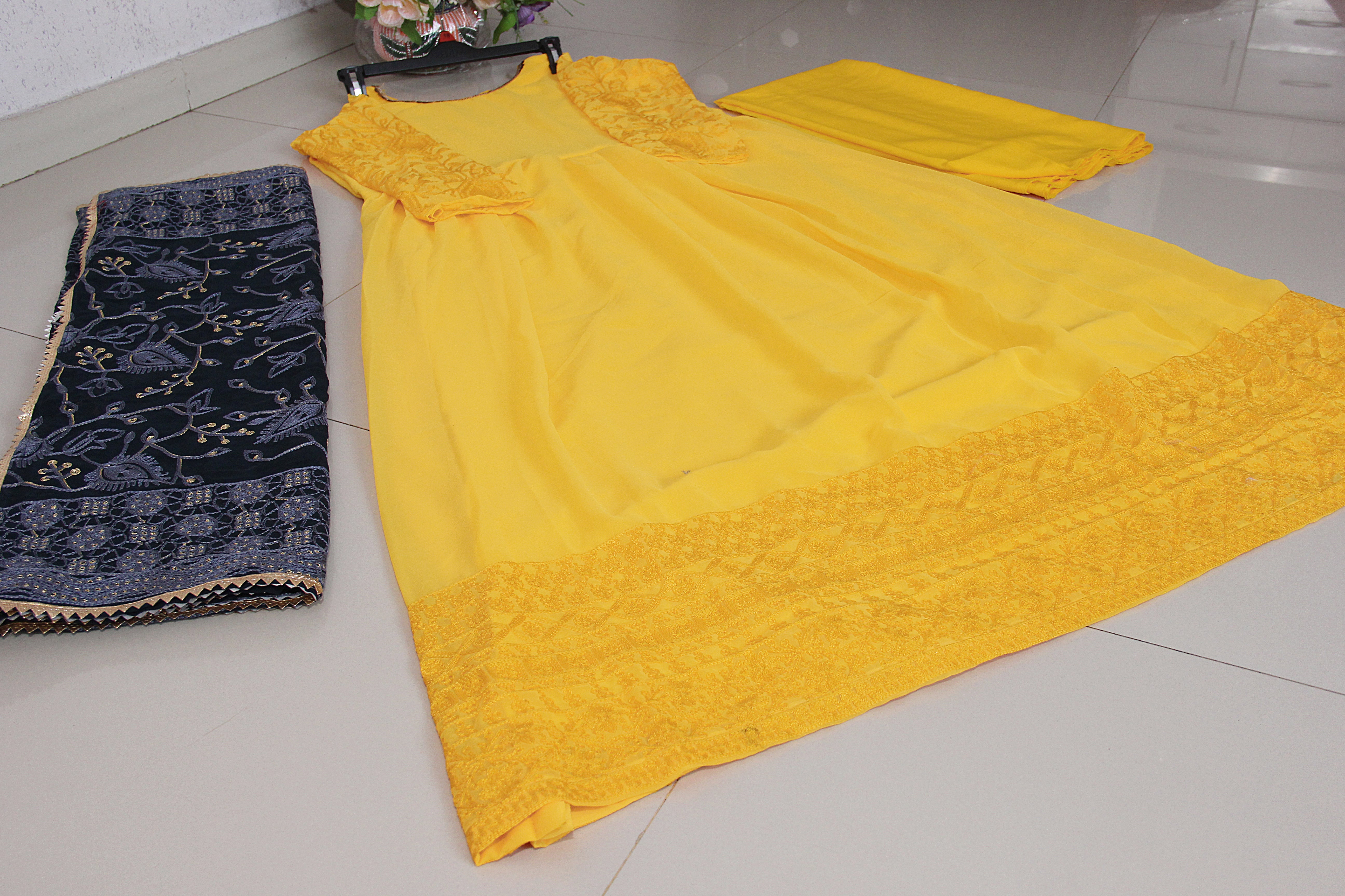 Yellow Gown In 60 GM Georgette With Chain Stitch Work