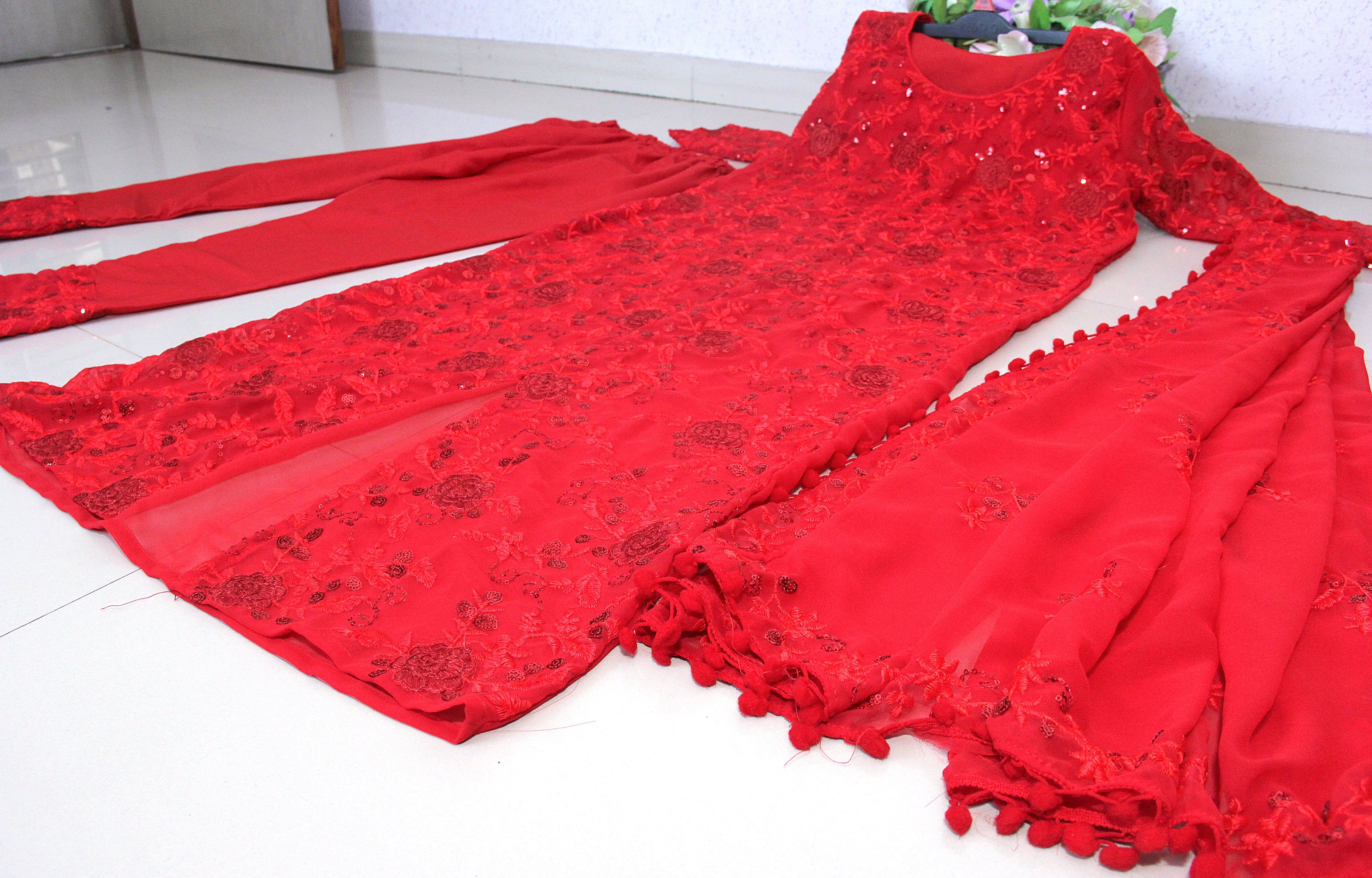 Red Salwar Suit In 60 GM Georgette With Fancy Thread Work