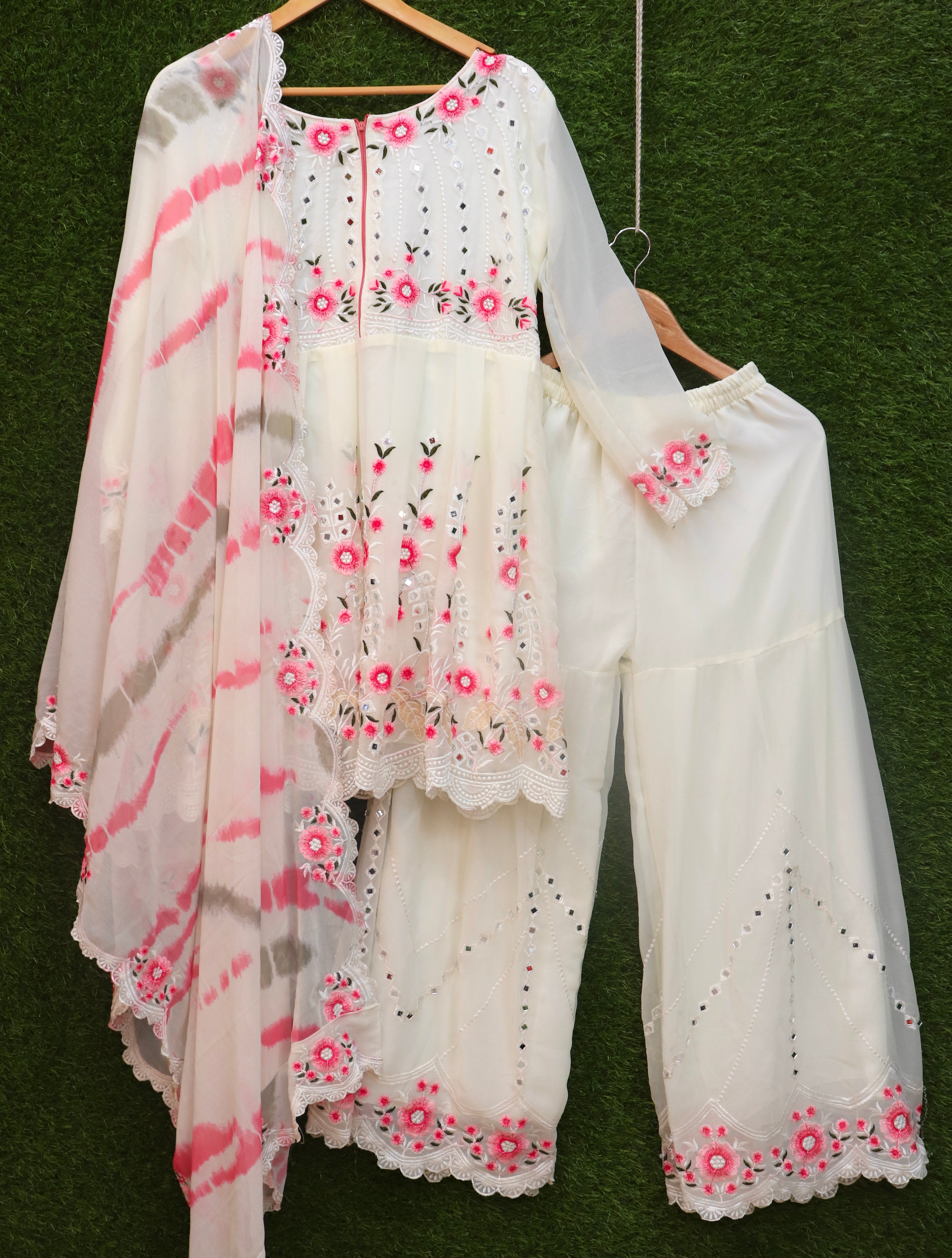 White Sharara Suit In 60 GM Georgette With Fancy Thread Work