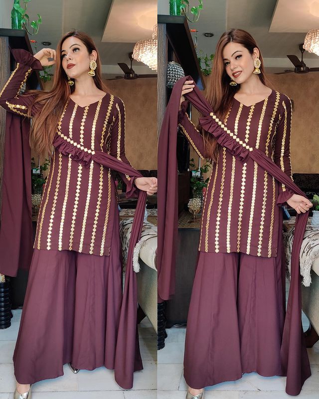 Grape Purple Palazzo Suit In 60 Gm Georgette With Fancy Thread Work